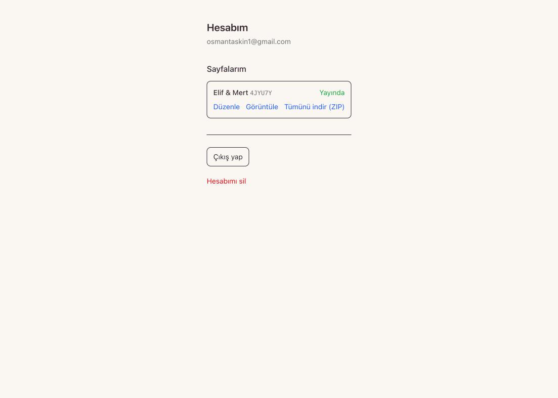 Hesabım — sayfalar, düzenleme ve indirme